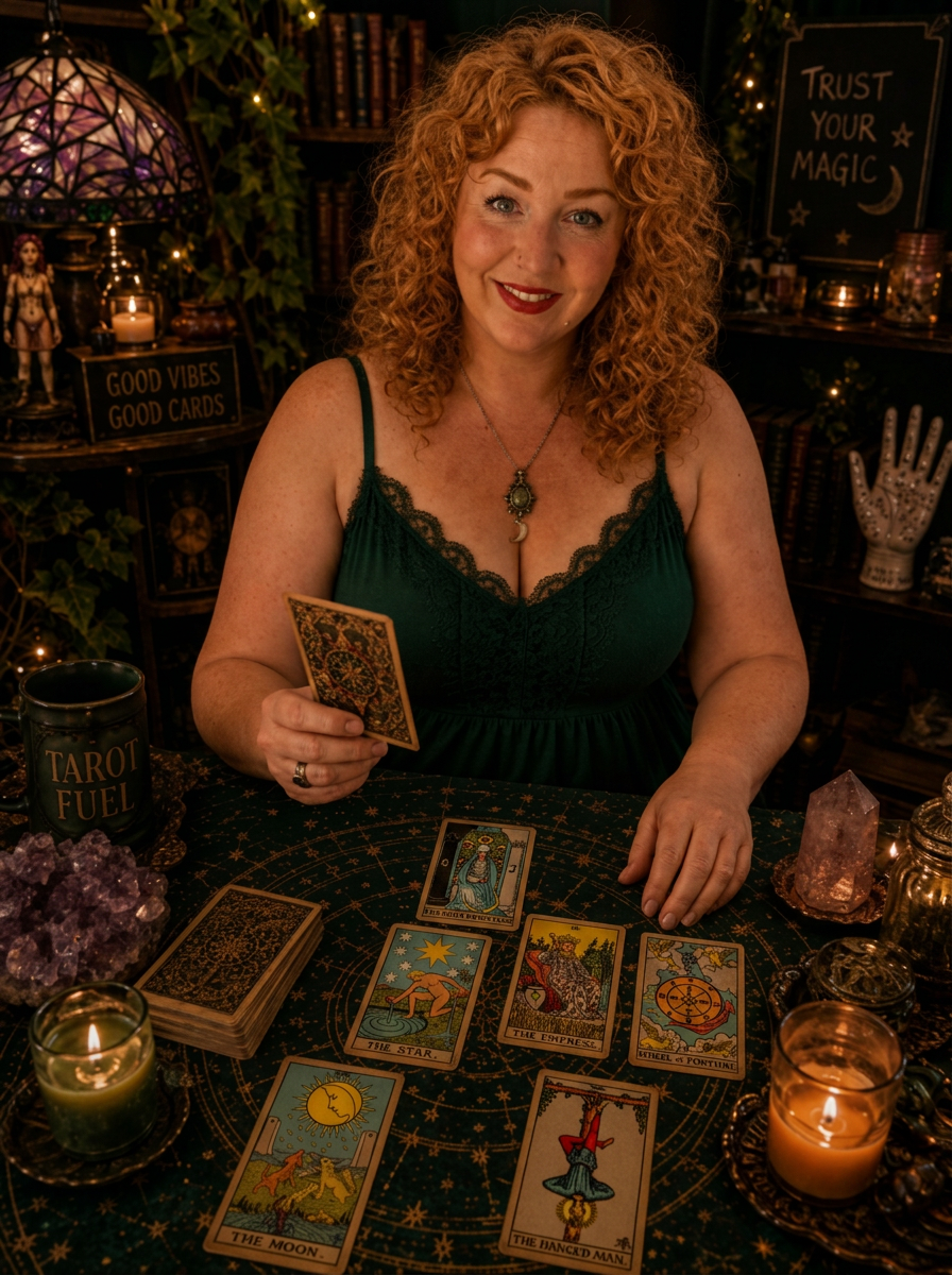 Emma of Crazy Tarot Lady seated at her tarot table by candlelight
